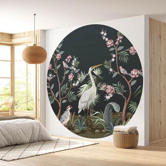 Papel pintado redondo - Flores Pájaros