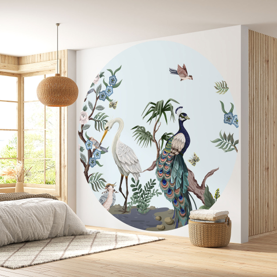 Papel pintado redondo - Flores Pájaros