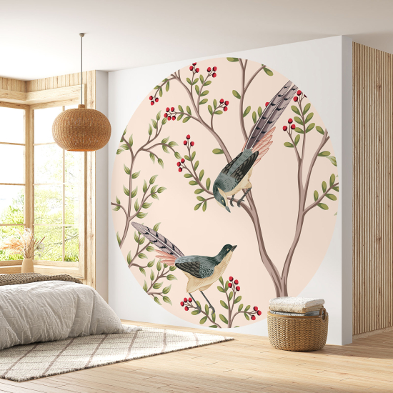 Papel pintado redondo - Flores Pájaros