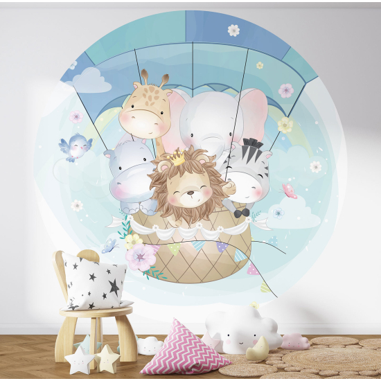Papel pintado redondo para niños - Infantil - Globo aerostático Animales