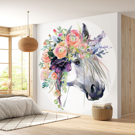 Papel pintado redondo para niños - Infantil - Unicornio Flores