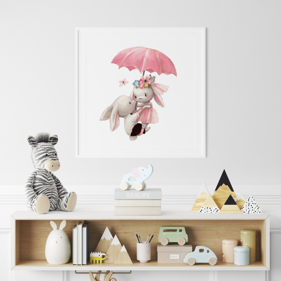 Póster para niños - Infantil - Conejos paraguas