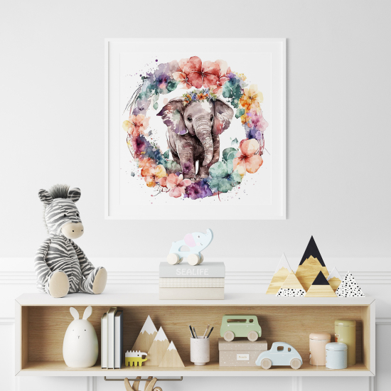 Póster para niños - Infantil - Elefante flores