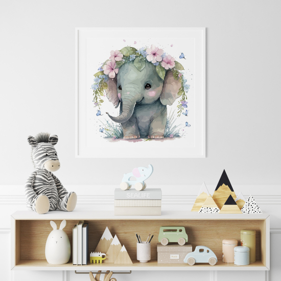 Póster para niños - Infantil - Elefantito flores