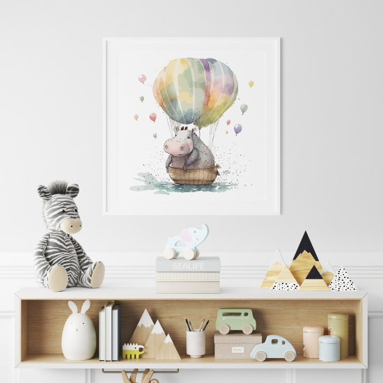 Póster para niños - Infantil - Globo aerostático Hipopótamo