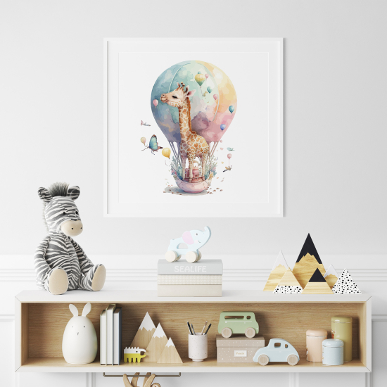 Póster para niños - Infantil - Jirafa en globo aerostático