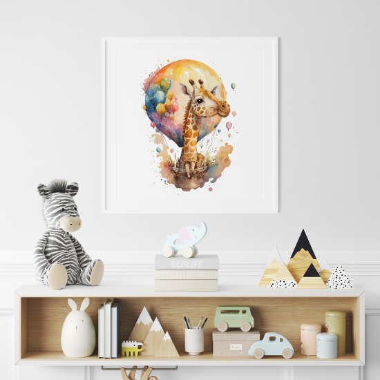 Póster para niños - Infantil - Jirafa en globo aerostático