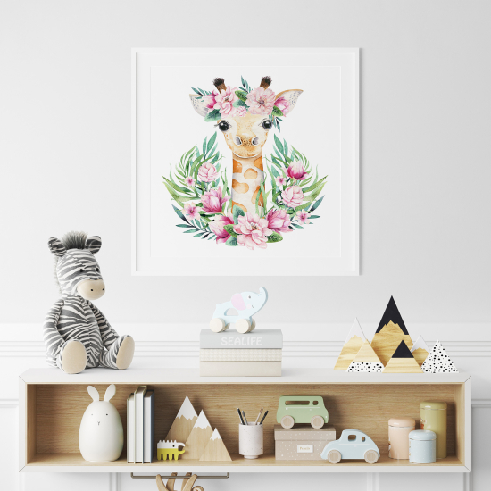 Póster para niños - Infantil - Jirafa flores