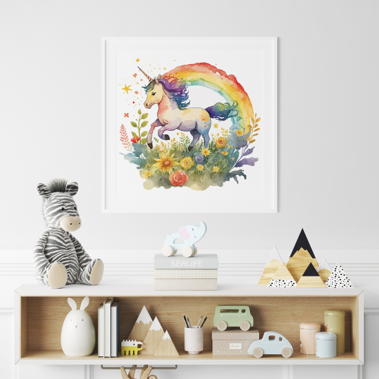Póster para niños - Infantil - Unicornio Arcoíris flores
