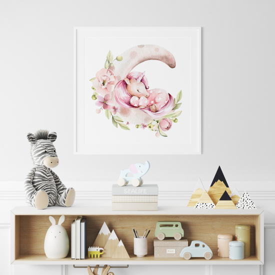 Póster para niños - Infantil - Unicornio flores luna