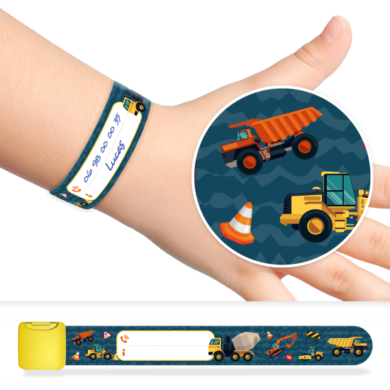 Pulsera de identificacion para niños - camiones de obras