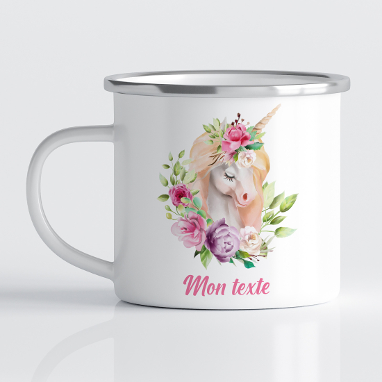 Taza esmaltada personalizada para niños - Infantil - Unicornio flores