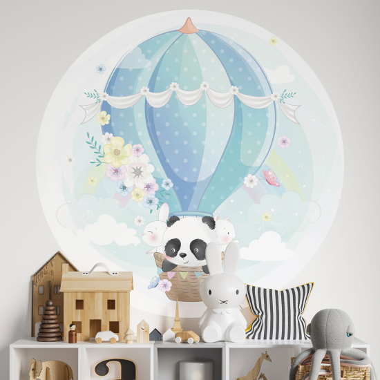 Vinilo Adhesivo Decorativo Redondo para niños - Infantiles - Panda Globo Aerostático
