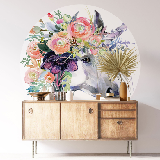 Vinilo Adhesivo Decorativo Redondo para niños - Infantiles - Unicornio Flores