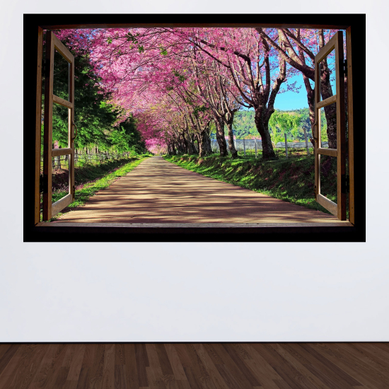 Vinilo Adhesivo Decorativo trampantojo 3D - Camino árboles hojas rosas