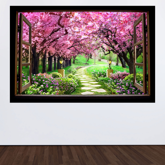 Vinilo Adhesivo Decorativo trampantojo 3D - Camino árboles hojas rosas