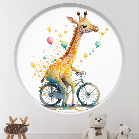 Vinilo Adhesivo Decorativo trampantojo 3D para niños - Infantil - Jirafa en bicicleta