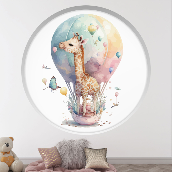 Vinilo Adhesivo Decorativo trampantojo 3D para niños - Infantil - Jirafa en globo aerostático