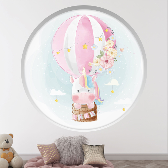 Vinilo Adhesivo Decorativo trampantojo 3D para niños - Infantil - Unicornio en globo aerostático