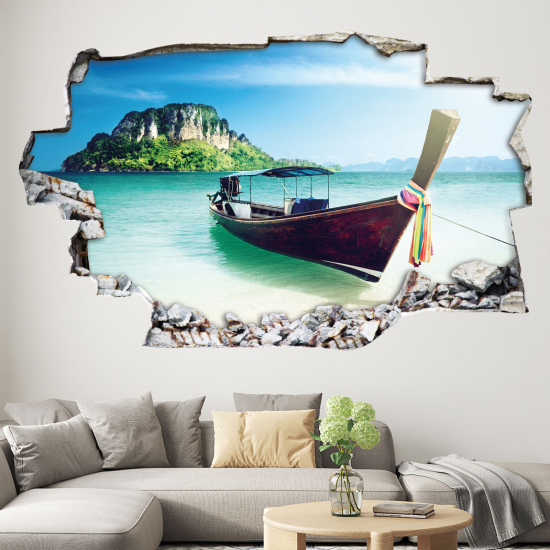 Vinilo Adhesivo trampantojo 3D - Barco en la playa